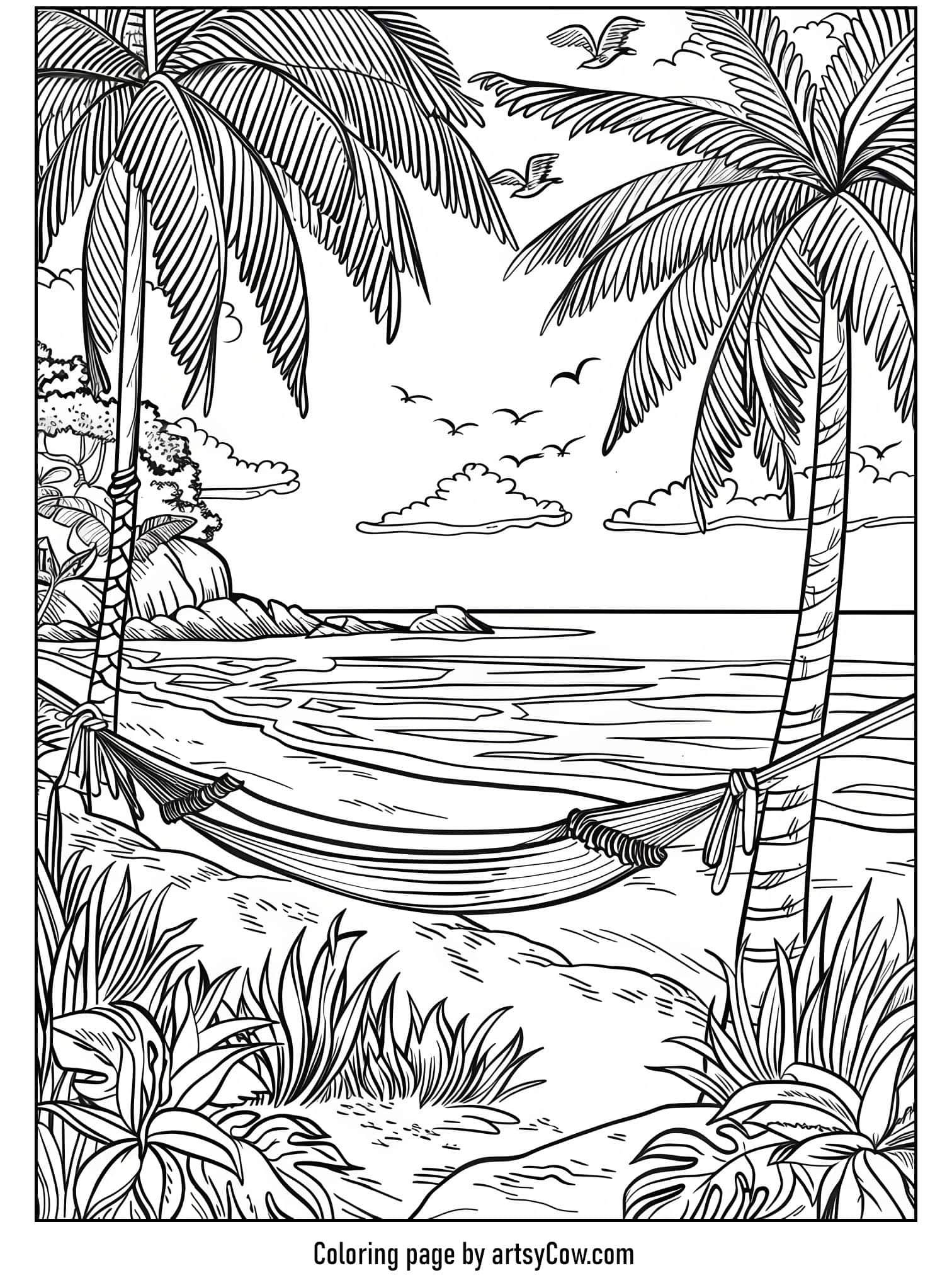a serene beach scene with palm trees, a hammock, and a calm sea